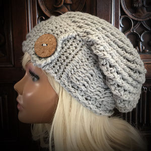 Hand Crochet Slouchy Hat with Wood Button